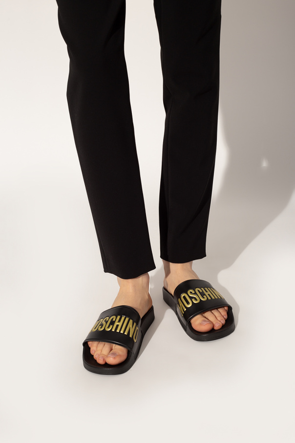 Moschino black and gold sliders hot sale